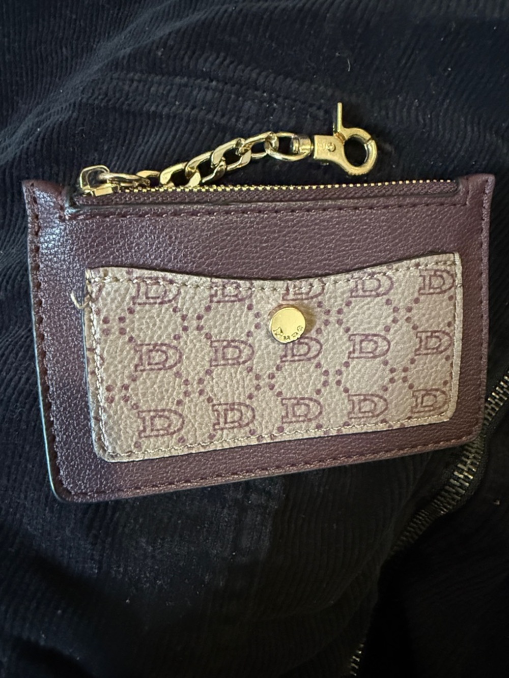 Dooney & Bourke Plum and Beige Signature Card Pouch with Gold Chain